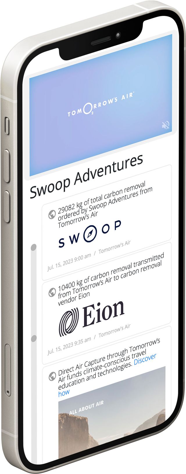 Tomorrow’s Air gives travellers a play-by-play update on how their payment is
used by climate solution innovators to reduce, clean up, and permanently store
carbon dioxide from the
atmosphere.