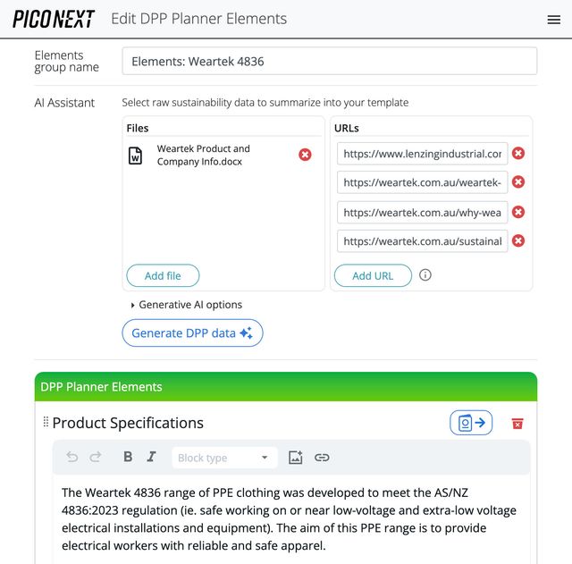 The PicoNext AI Assistant enabled Weartek to speed the creation of its
baseline Digital Product Passport, which it then reviewed and refined before
finalising for
publication.