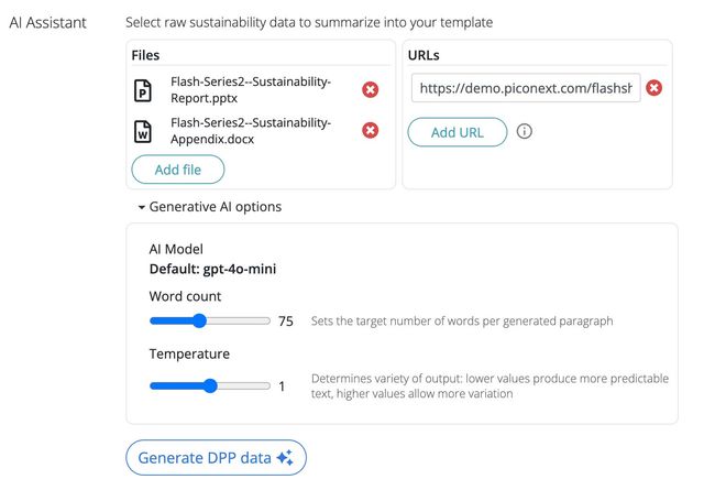 Image of generative AI capability of PicoNext DPP Planner including configuration options